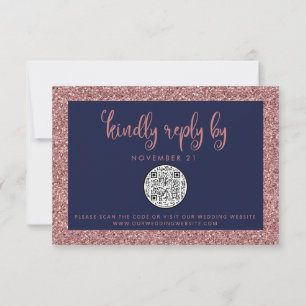 QR Code Navy Blue Rose Gold Glitzer Wedding RSVP Karte