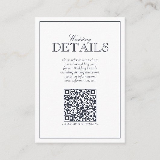 QR Code Navy Blue Script Monogram Wedding Details Begleitkarte (Rückseite)