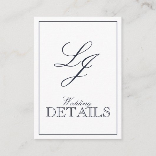 QR Code Navy Blue Script Monogram Wedding Details Begleitkarte (Vorderseite)