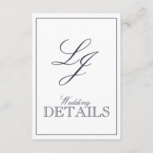 QR Code Navy Blue Script Monogram Wedding Details Begleitkarte (Vorderseite)
