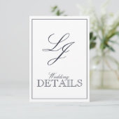 QR Code Navy Blue Script Monogram Wedding Details Begleitkarte (Stehend Vorderseite)