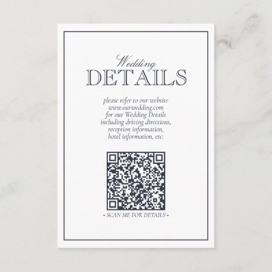 QR Code Navy Blue Script Monogram Wedding Details Begleitkarte (Rückseite)