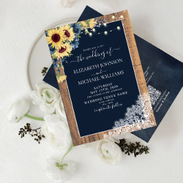 QR Code Navy Blue Sunflower Wood Lace Wedding Einladung