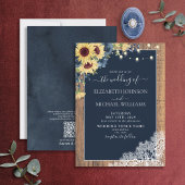 QR Code Navy Blue Sunflower Wood Lace Wedding Einladung