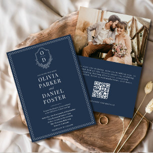 QR Code Navy Blue Wappen Foto Elegante Hochzeit Einladung