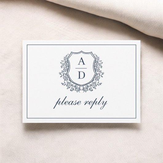 QR Code Navy Blue Wappen Monogram Wedding RSVP Karte