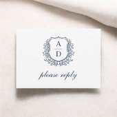 QR Code Navy Blue Wappen Monogram Wedding RSVP Karte
