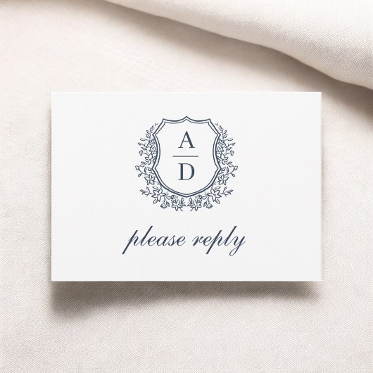 QR Code Navy Blue Wappen Monogram Wedding RSVP Karte