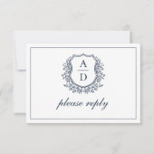 QR Code Navy Blue Wappen Monogram Wedding RSVP Karte (Vorderseite)