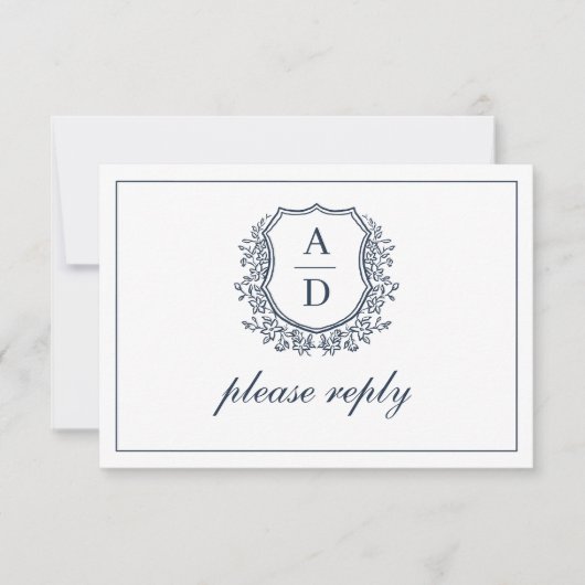 QR Code Navy Blue Wappen Monogram Wedding RSVP Karte (Vorderseite)
