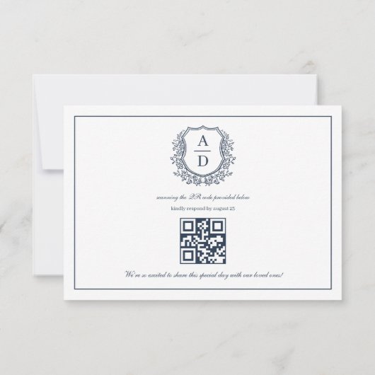 QR Code Navy Blue Wappen Monogram Wedding RSVP Karte (Rückseite)