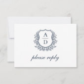 QR Code Navy Blue Wappen Monogram Wedding RSVP Karte (Vorderseite)