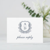QR Code Navy Blue Wappen Monogram Wedding RSVP Karte (Stehend Vorderseite)