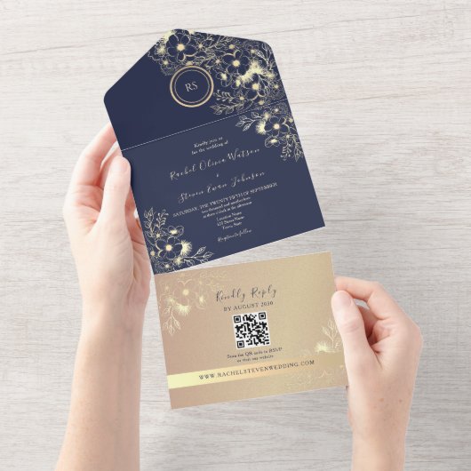 QR Code Navy Rose Gold Wedding All In One Einladung (Abreißen)