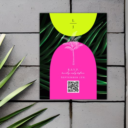 QR Code Neon Arches Monogram Tropical Wedding Begleitkarte