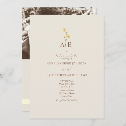 QR Code Neutral Wildflower Photo Wedding Einladung (Vorne/Hinten)