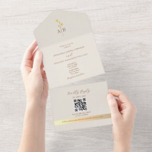 QR-Code Neutrales Elfenbein Gold Wildblumen Hochze All In One Einladung