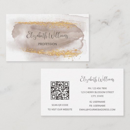 QR-Code Neutrals Gold-Aquarellfarben-Hintergrund Visitenkarte (Vorne/Hinten)