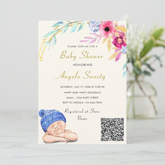 QR-Code Niedliche Schlafen Baby Boy Dusche Einladu (Stehend Vorderseite)