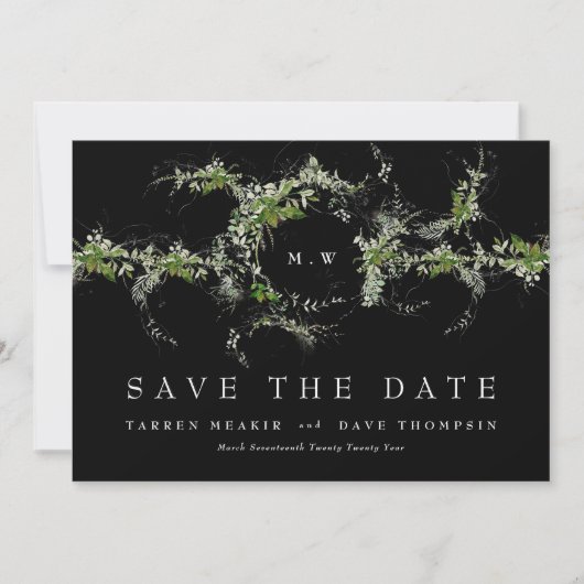 QR Code NO FOTO Eucalyptus Monogram Premium Black Save The Date (Vorderseite)
