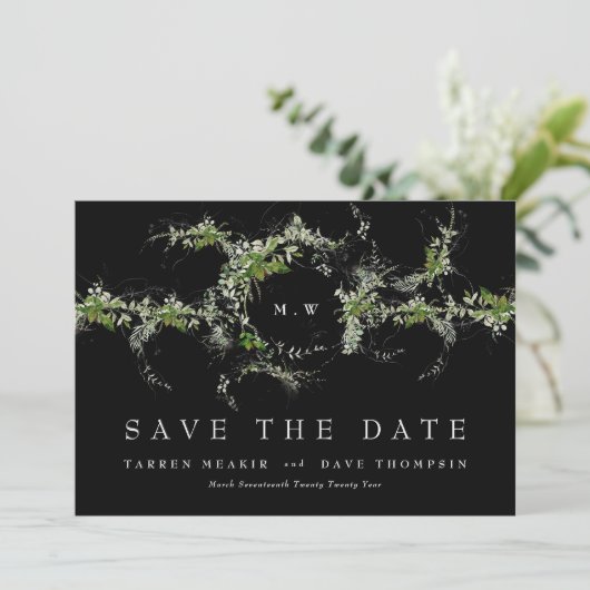 QR Code NO FOTO Eucalyptus Monogram Premium Black Save The Date (Stehend Vorderseite)