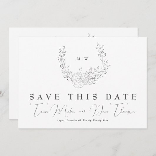 QR-Code NON-FOTO-Fein-Kranz-Monogramm-Hochzeit Save The Date (Vorne/Hinten)