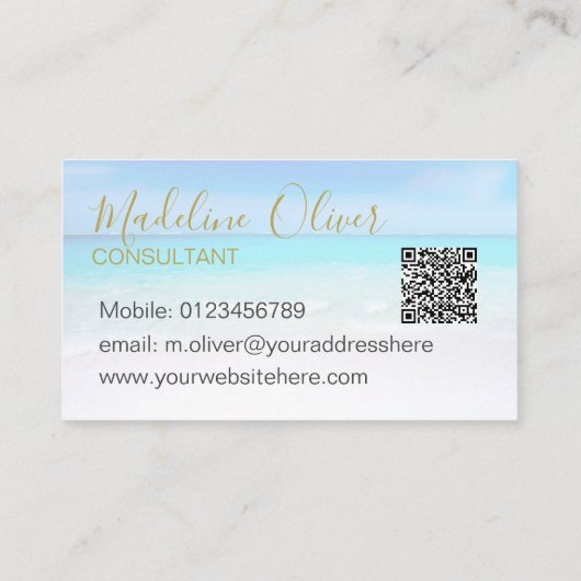 QR-Code Ocean Beach Travel Aqua Blue Gold Visitenkarte (Rückseite)