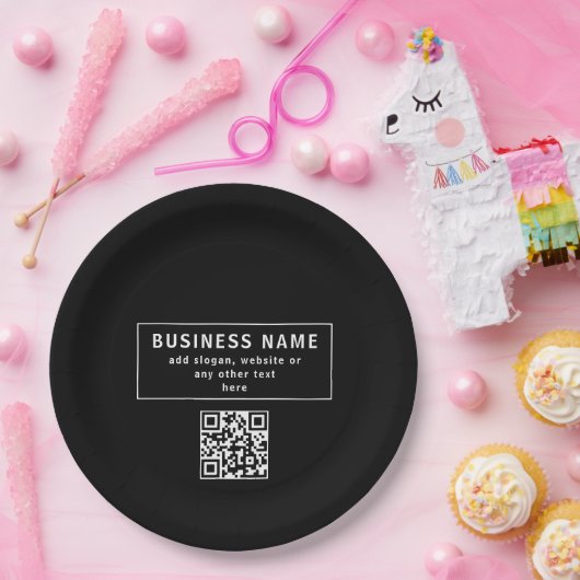 QR-Code oder Logo hochladen | Modernes Schwarz Pappteller (Party)