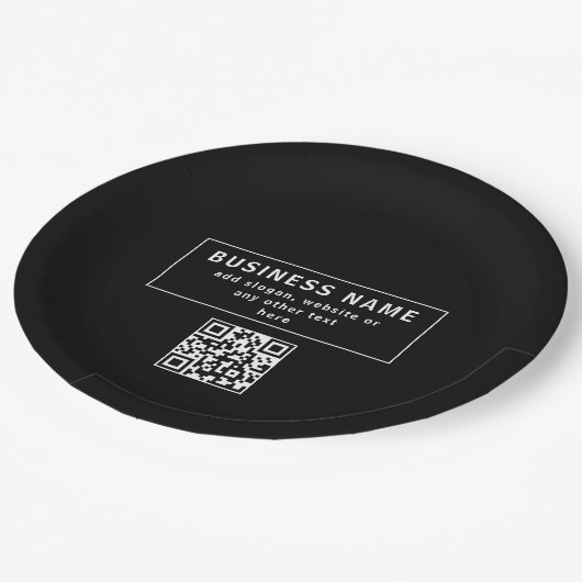 QR-Code oder Logo hochladen | Modernes Schwarz Pappteller (Schrägansicht)