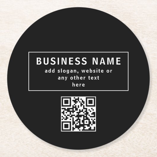 QR-Code oder Logo hochladen | Modernes Schwarz Runder Pappuntersetzer (Vorderseite)