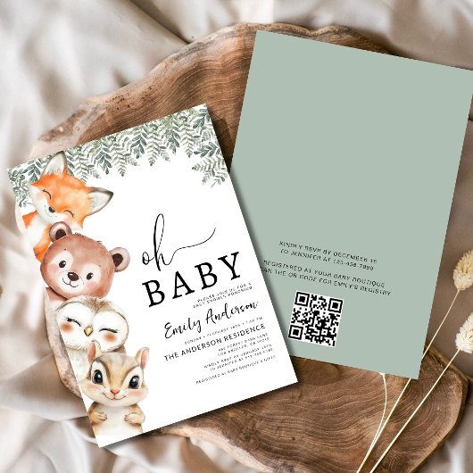 QR Code Oh Baby Woodland Animals Baby Shower Einladung