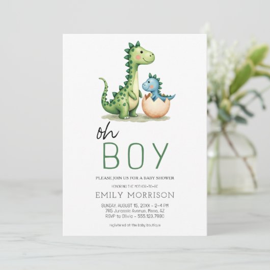QR Code Oh Boy Dinosaur Baby Boy Dusche Einladung (Stehend Vorderseite)