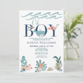 QR Code Oh Junge unter der Blue Baby Dusche Einladung (Stehend Vorderseite)