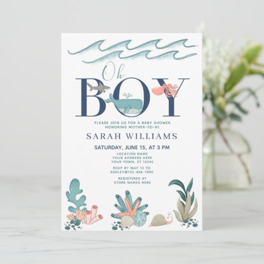 QR Code Oh Junge unter der Blue Baby Dusche Einladung (Stehend Vorderseite)