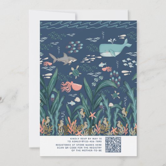 QR Code Oh Junge unter der Blue Baby Dusche Einladung (Rückseite)