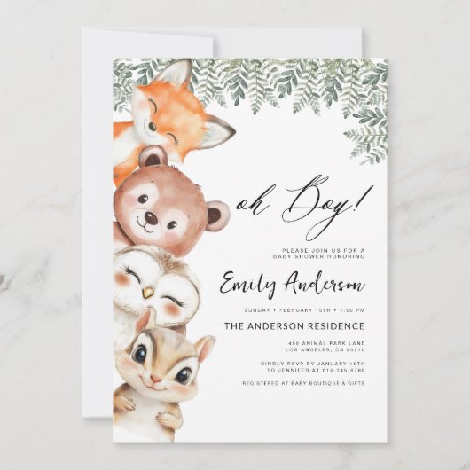 QR Code Oh Junge! Woodland Animals Babydusche Einladung (Vorderseite)