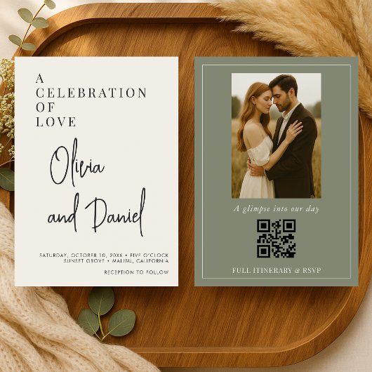 QR-Code Oliven Grün Schrift Foto Hochzeit Einladung