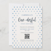 QR-Code Onederful Blau Gepunktet Erster Geburtstag Einladung (Vorderseite)