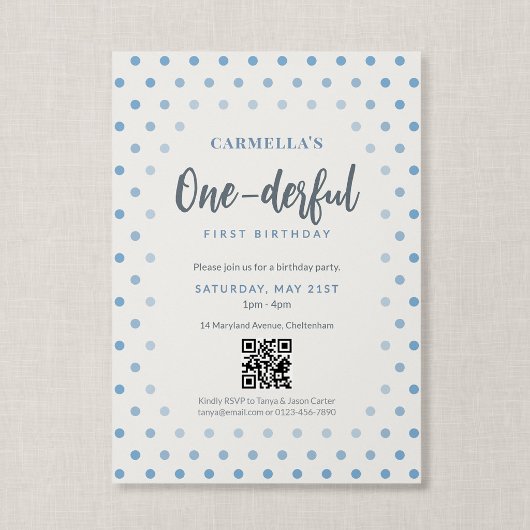 QR-Code Onederful Blau Gepunktet Erster Geburtstag Einladung