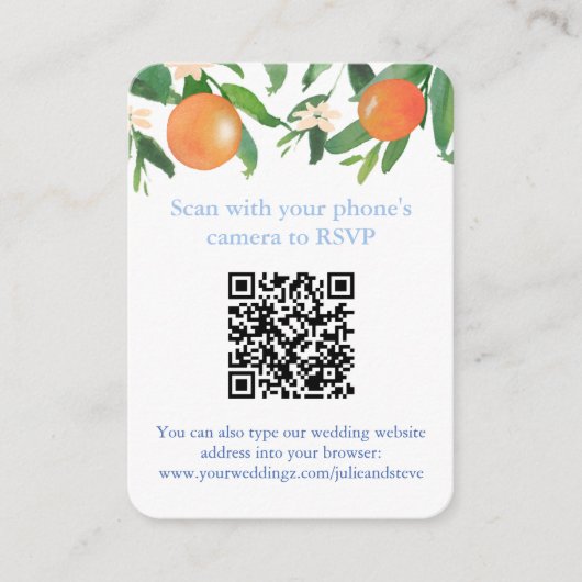 QR-Code Orangen Blau und Weiß Citrus Hochzeitsrate Begleitkarte (Vorderseite)