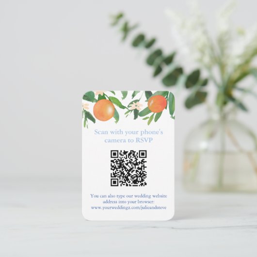 QR-Code Orangen Blau und Weiß Citrus Hochzeitsrate Begleitkarte (Stehend Vorderseite)