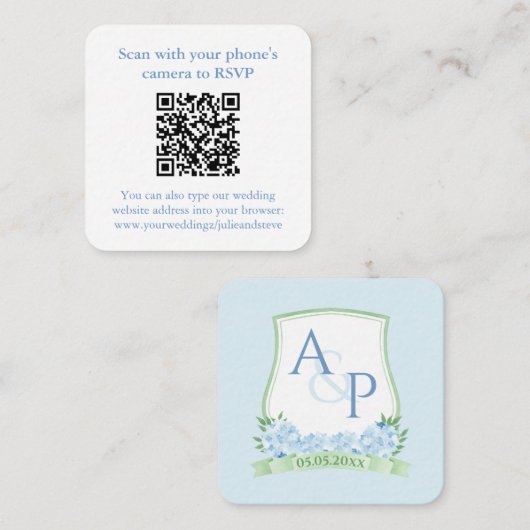 QR Code Pale Blue Sap Green Monogram Wedding RSVP Begleitkarte (Vorne/Hinten)
