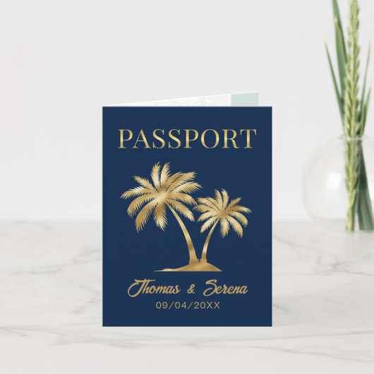 QR Code Palm Tree Passport Style Wedding Einladung (Vorderseite)