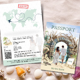 QR Code Passport Beach Wedding Destination Einladung