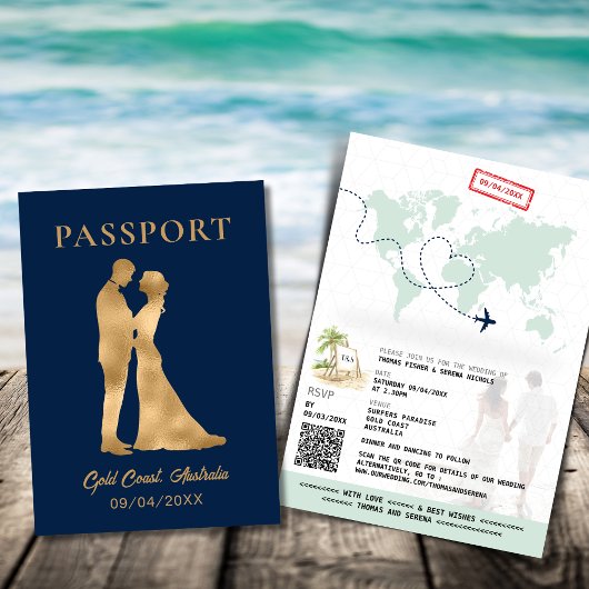QR Code Passport Beach Wedding World Map Einladung