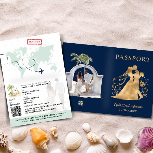 QR Code Passport Beach Weltkarte Navy Blue Gold Einladung