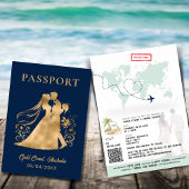 QR Code Passport Beach Weltkarte Navy Blue Gold Einladung