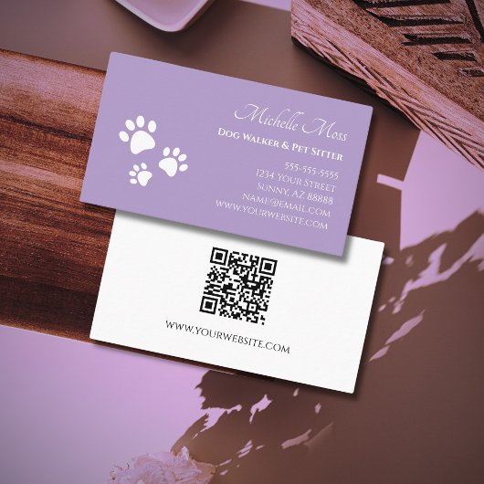 QR-Code Paw Prints Pet Sitter Elegant Lila Visitenkarte
