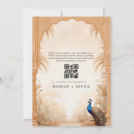 QR Code Peacock Palm Garden Indian Wedding Einladung (Rückseite)