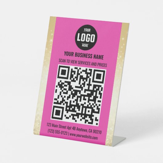 QR Code Pedestzeichen für rosa & goldenes Geschäft Sockelschild (Vorderseite)